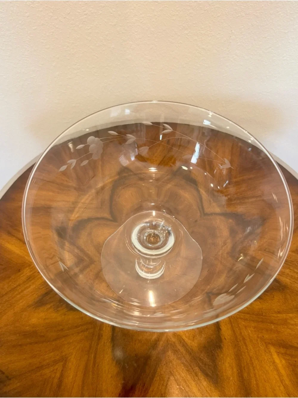 Princess House Heritage Clear Etched Glass Compote Bowl 9 5/8 X 7” Hand Blown